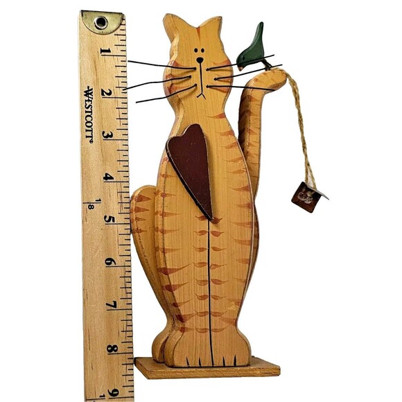 Cat Folk Art Wooden Figure with Bird Wire Whiskers 8" Primitive Tabby - Picture 6 of 8